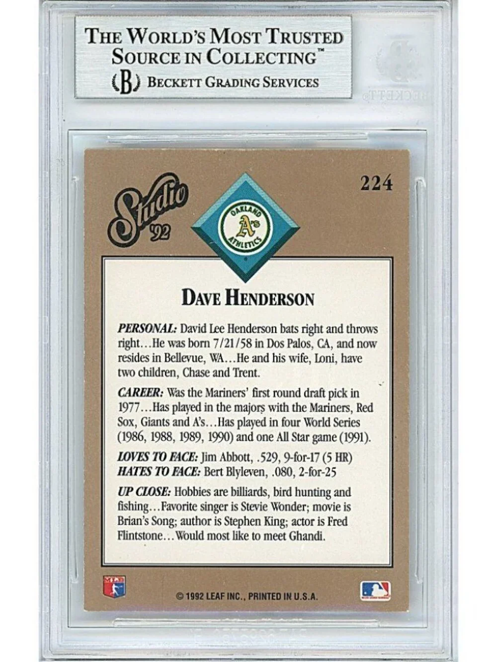 Dave Henderson Signed 1992 Donruss Studio Card Beckett BAS Autographed Slabbed